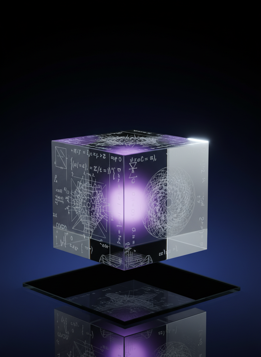 A sleek, transparent crystalline cube, each face etched with intricate abstractions—mathematical symbols, fractal patterns, and subtle architectural lines—hovering a few centimeters above a reflective black glass surface. Hints of deep purple and soft silver light pulse within the cube as if ideas are moving inside it. The environment is a dark, undefined space with only a faint gradient from indigo to black behind. Side lighting in cool white and violet creates sharp highlights on the cube’s edges and crisp reflections below. Photographic realism with a minimalist aesthetic, captured from a low, three-quarter angle to emphasize dimensionality. The atmosphere is enigmatic yet precise, suggesting a nexus where inner and outer abstractions converge.