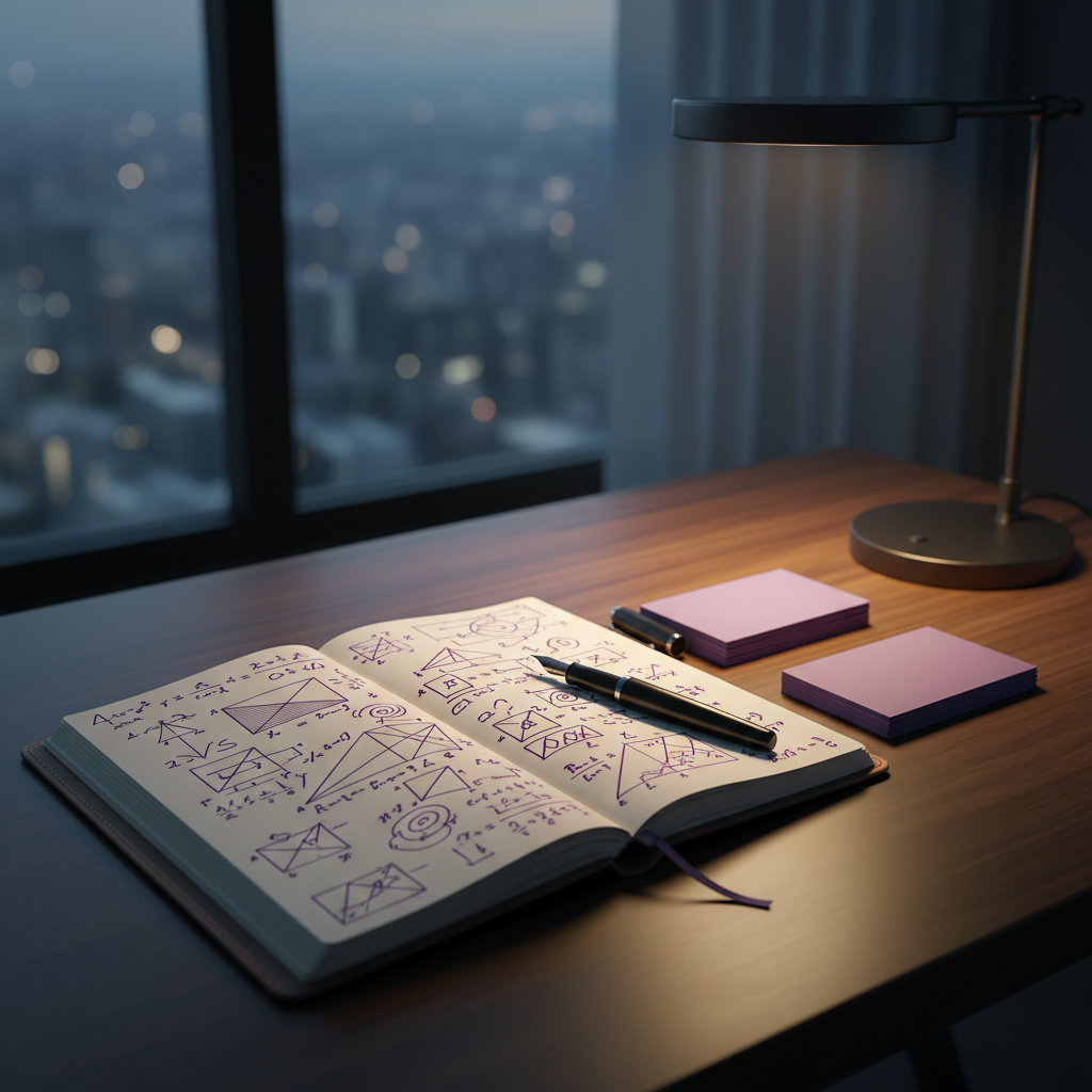 A meticulously arranged desk featuring an open, unbranded notebook filled with abstract diagrams and handwritten equations, all drawn in rich purple ink. Next to it rests a matte-black fountain pen and a small stack of smooth, violet-tinted index cards. The desk is a dark walnut surface positioned beside a large window overlooking a distant, softly blurred cityscape at dusk. Cool twilight seeps in, mixing with a single warm desk lamp that casts gentle, overlapping pools of light and soft shadows. Photographic realism, shot from a slightly elevated angle with a balanced composition. The mood is contemplative and refined, evoking the moment just before a breakthrough idea crystallizes in the quiet of an evening study.