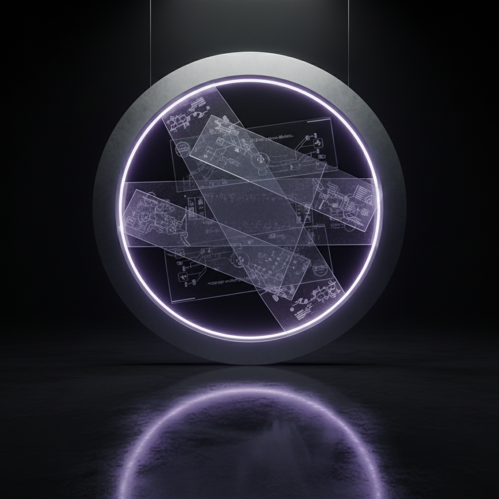 An abstract workspace featuring a large, floating, circular frame made of brushed titanium, inside which layers of translucent purple and clear glass panels intersect at subtle angles. Each panel contains faintly visible diagrams, conceptual maps, and symbolic glyphs. The frame hovers above a calm, mirrorlike black floor in an otherwise empty, dark environment. Soft, diffused overhead lighting combined with a gentle rim light in cool lavender creates delicate reflections and a halo effect around the circle. Photographic realism, shot straight-on at eye level with symmetrical composition, emphasizing balance and focus. The mood is serene and cerebral, evoking a sophisticated portal into new ways of thinking and reimagining complex abstractions.